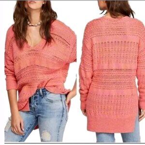 Free People Orange Pink Long Sweater size Large Open Knit Tunic Oversized